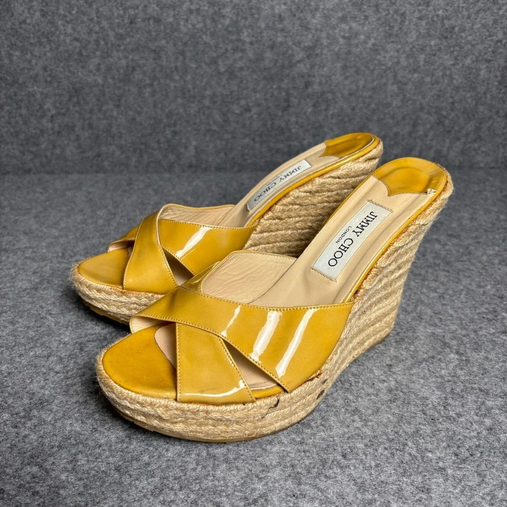 Jimmy Choo Yellow Patent Leather Crisscross Espadrille Wedge Sandals Womens 42